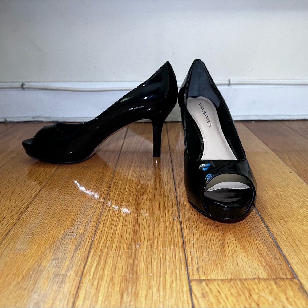Via Spiga | Black Patent Leather Peep Toe High Heels Pumps Sz 6.5